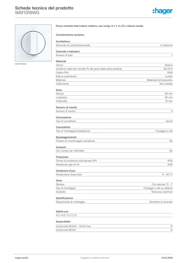 Immagine Hager Scheda tecnica del prodotto WAF1318WG | Hager Italia