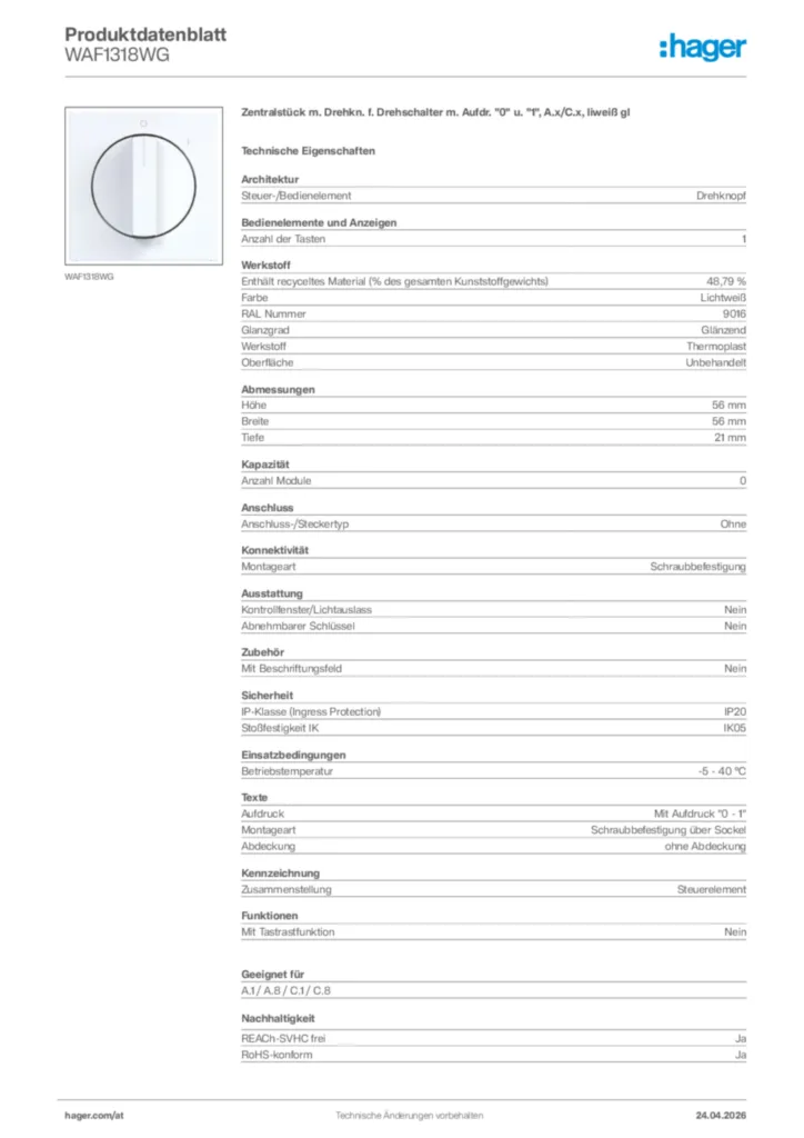 Bild Hager Produktdatenblatt WAF1318WG | Hager Deutschland