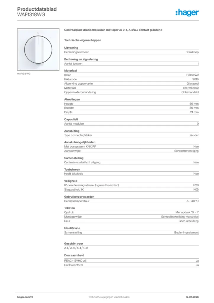 Afbeelding Hager Productdatablad WAF1318WG | Hager Nederland