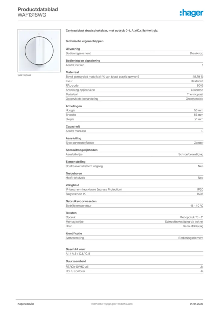 Afbeelding Hager Productdatablad WAF1318WG | Hager Nederland