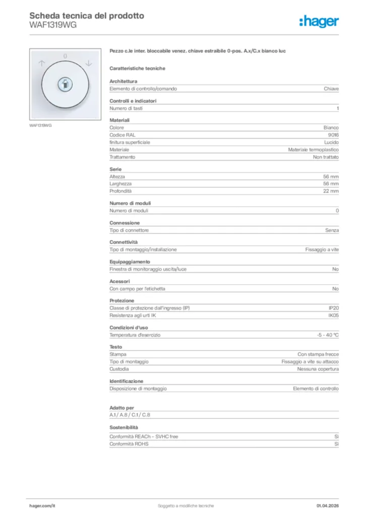 Immagine Hager Scheda tecnica del prodotto WAF1319WG | Hager Italia