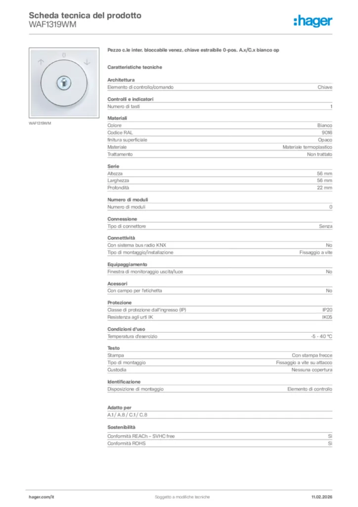 Immagine Hager Scheda tecnica del prodotto WAF1319WM | Hager Italia
