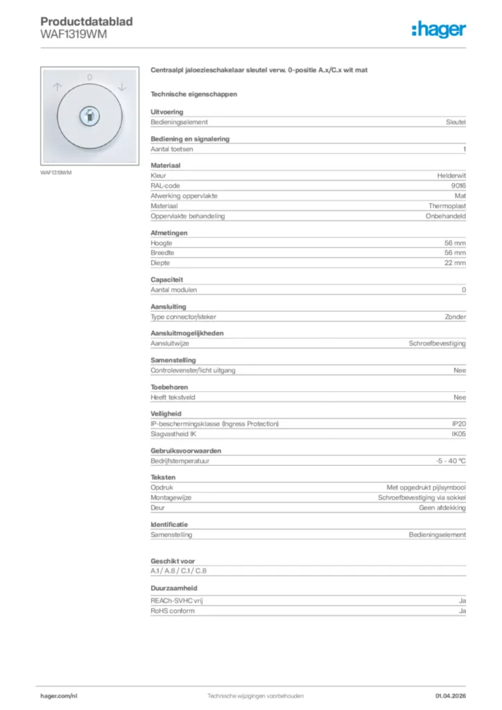 Afbeelding Hager Productdatablad WAF1319WM | Hager Nederland