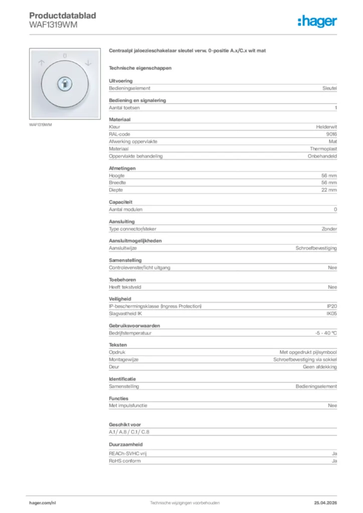 Afbeelding Hager Productdatablad WAF1319WM | Hager Nederland