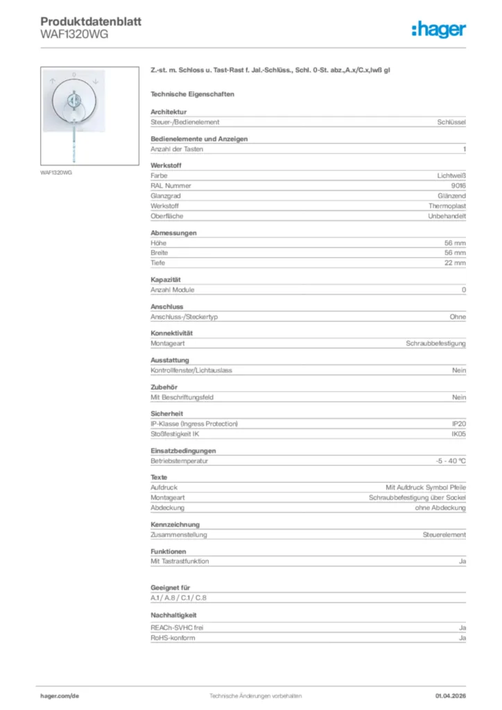 Bild Hager Produktdatenblatt WAF1320WG | Hager Deutschland