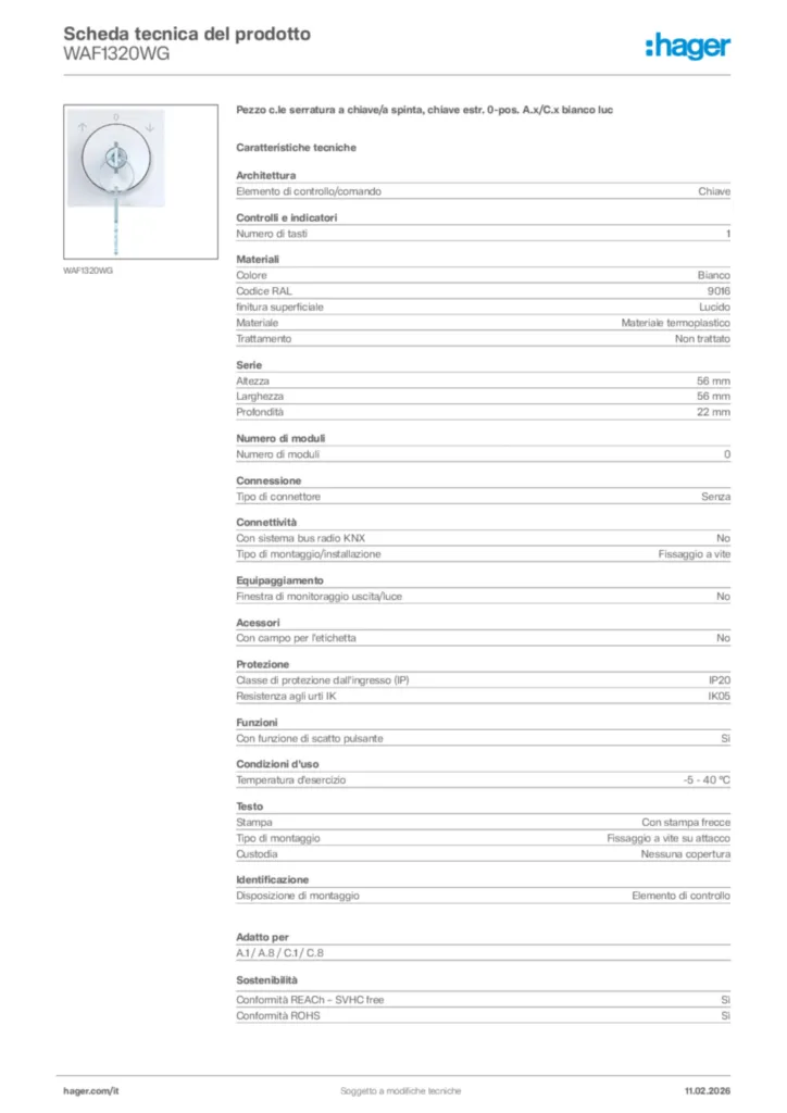 Immagine Hager Scheda tecnica del prodotto WAF1320WG | Hager Italia