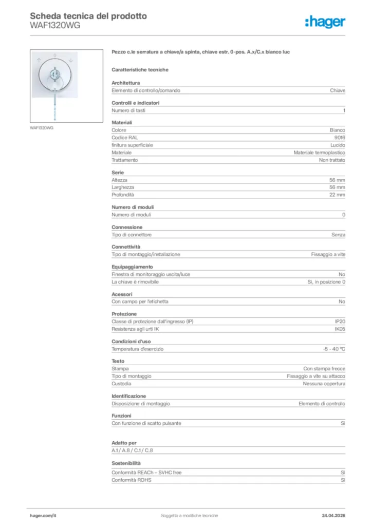 Immagine Hager Scheda tecnica del prodotto WAF1320WG | Hager Italia