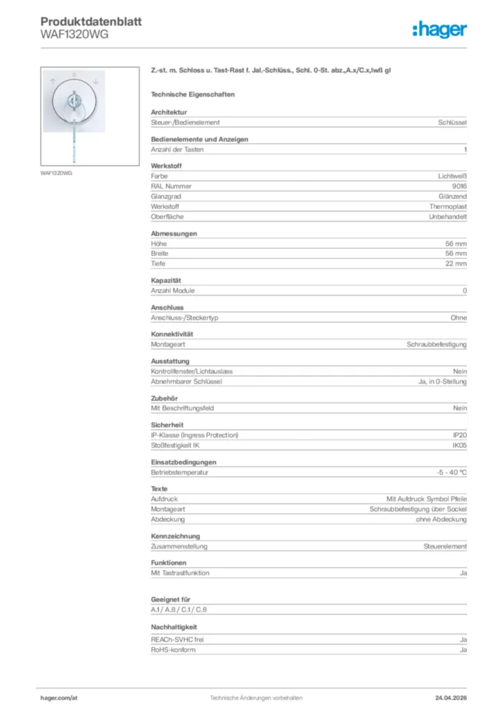 Bild Hager Produktdatenblatt WAF1320WG | Hager Deutschland