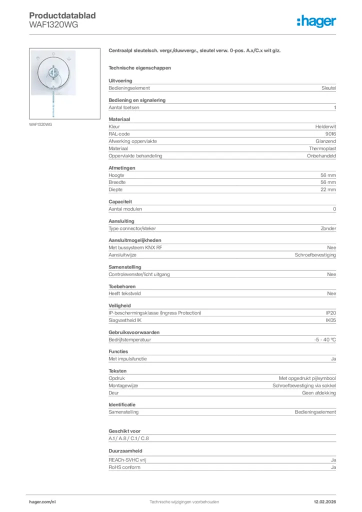 Afbeelding Hager Productdatablad WAF1320WG | Hager Nederland