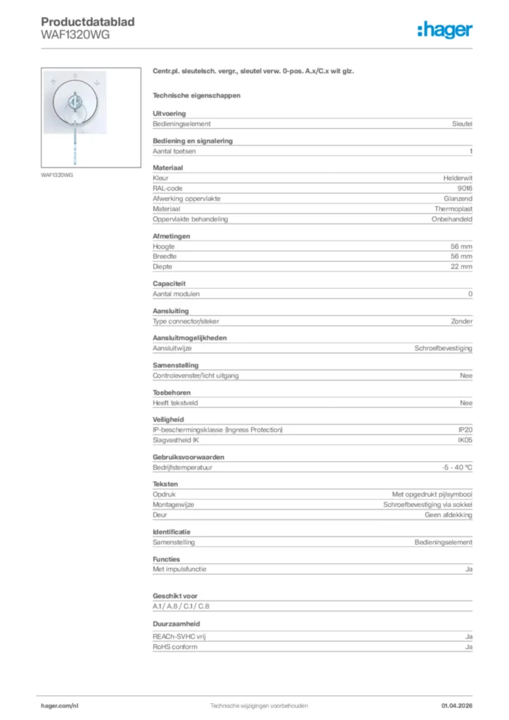 Afbeelding Hager Productdatablad WAF1320WG | Hager Nederland
