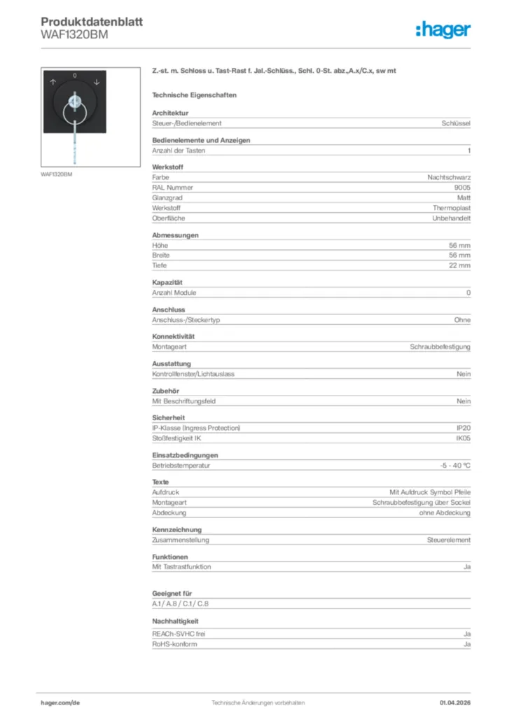 Bild Hager Produktdatenblatt WAF1320BM | Hager Deutschland