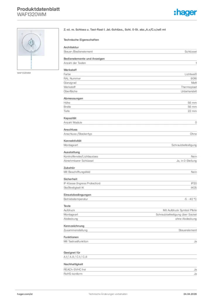 Bild Hager Produktdatenblatt WAF1320WM | Hager Deutschland