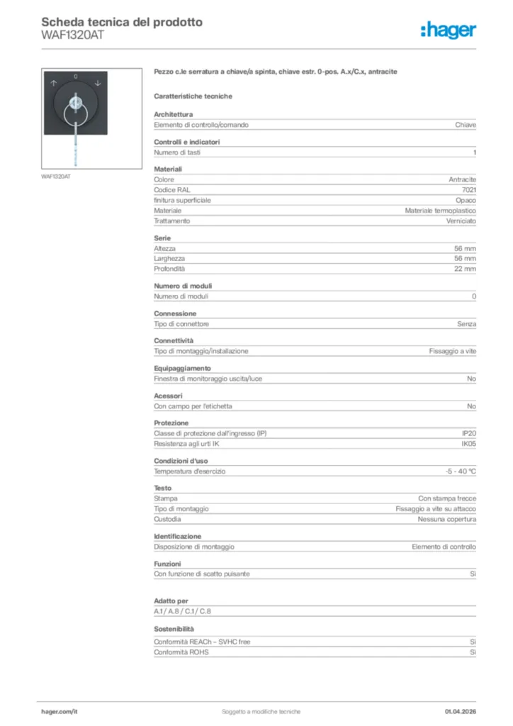 Immagine Hager Scheda tecnica del prodotto WAF1320AT | Hager Italia