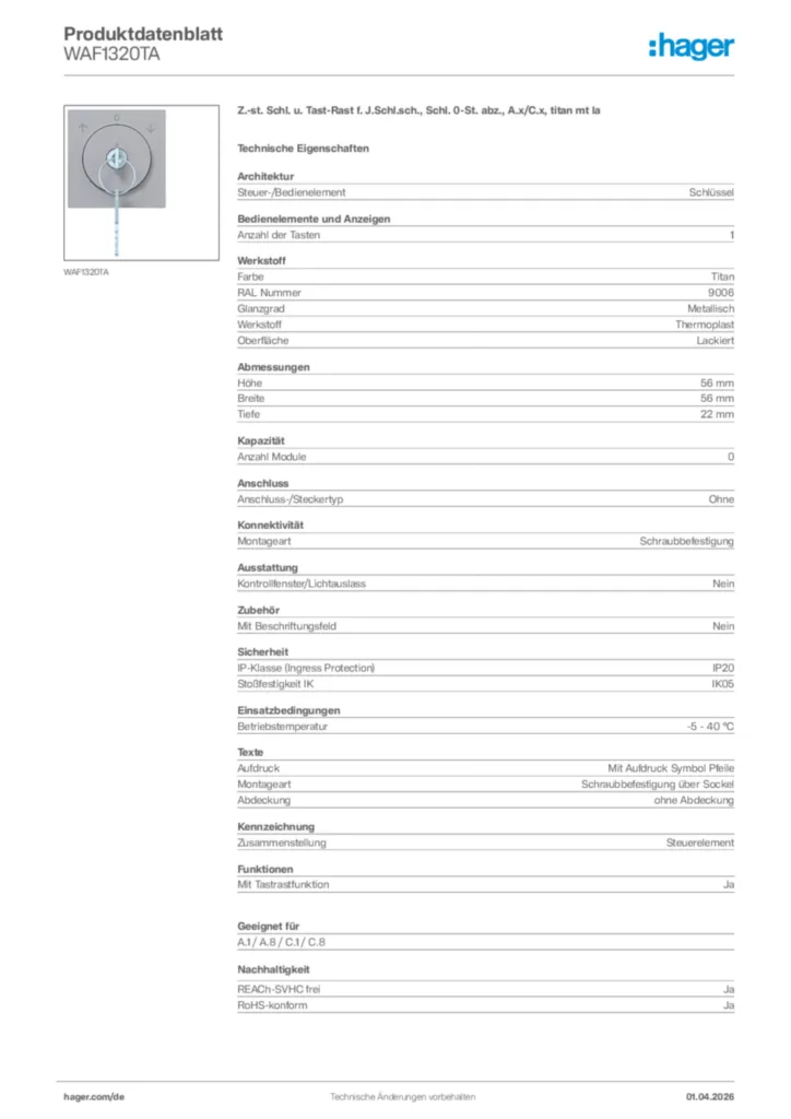 Bild Hager Produktdatenblatt WAF1320TA | Hager Deutschland