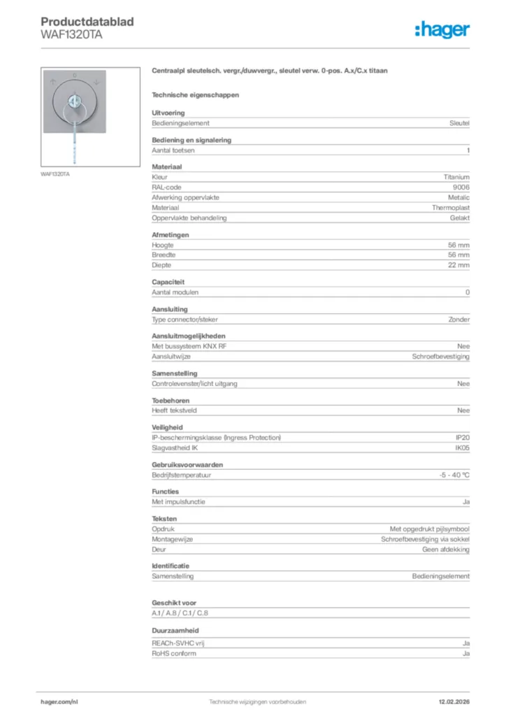Afbeelding Hager Productdatablad WAF1320TA | Hager Nederland