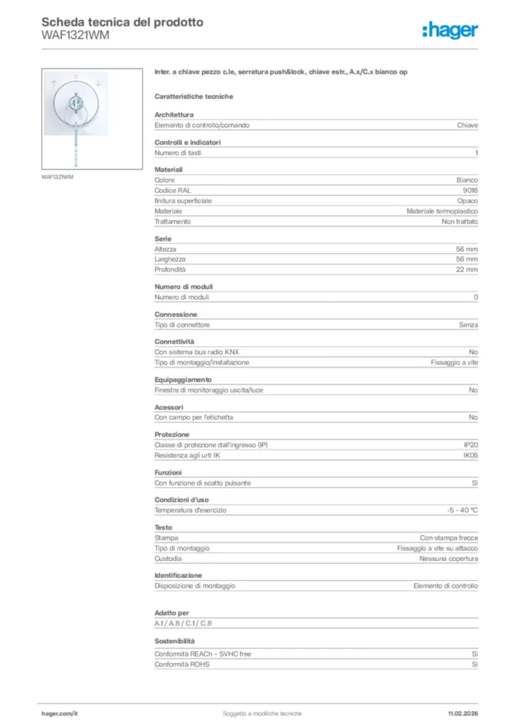 Immagine Hager Scheda tecnica del prodotto WAF1321WM | Hager Italia