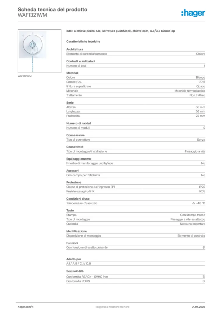 Immagine Hager Scheda tecnica del prodotto WAF1321WM | Hager Italia