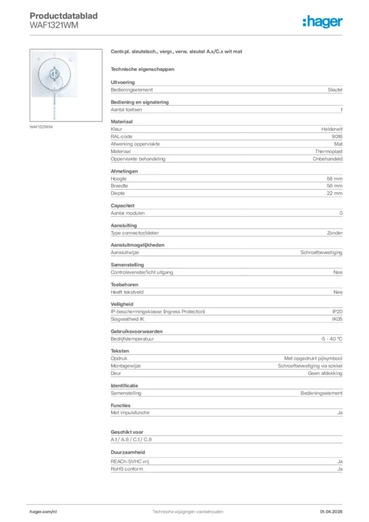 Afbeelding Hager Productdatablad WAF1321WM | Hager Nederland