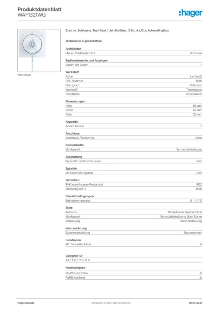 Bild Hager Produktdatenblatt WAF1321WG | Hager Deutschland