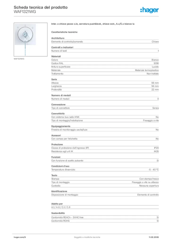 Immagine Hager Scheda tecnica del prodotto WAF1321WG | Hager Italia