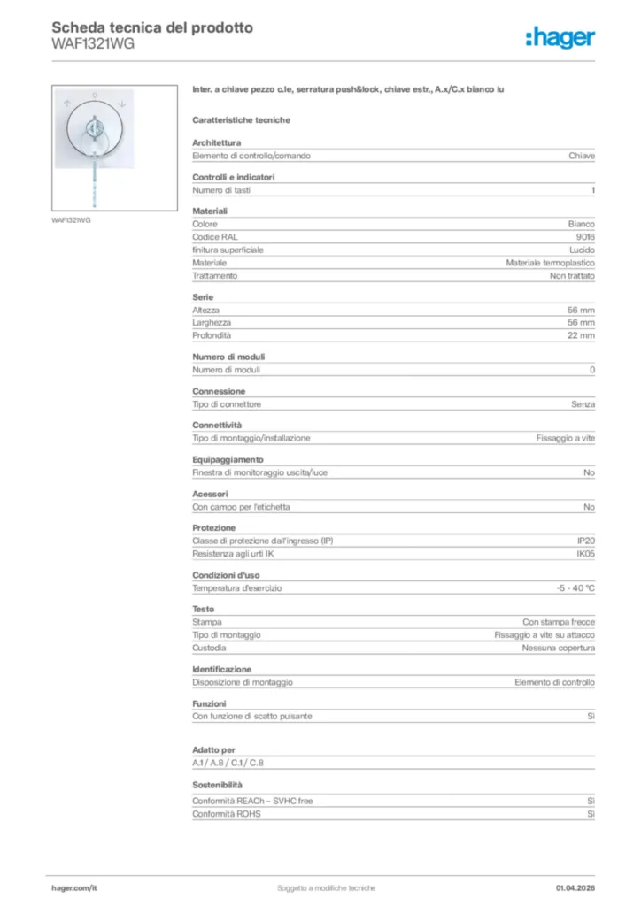 Immagine Hager Scheda tecnica del prodotto WAF1321WG | Hager Italia