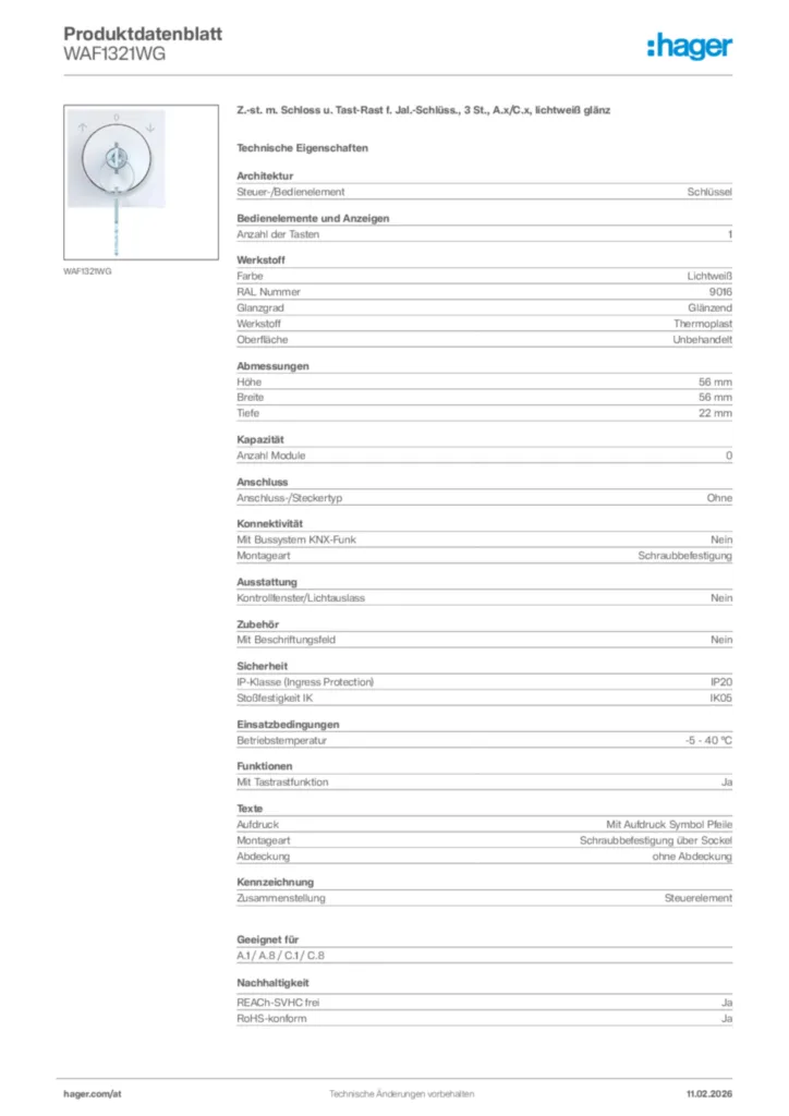 Bild Hager Produktdatenblatt WAF1321WG | Hager Deutschland