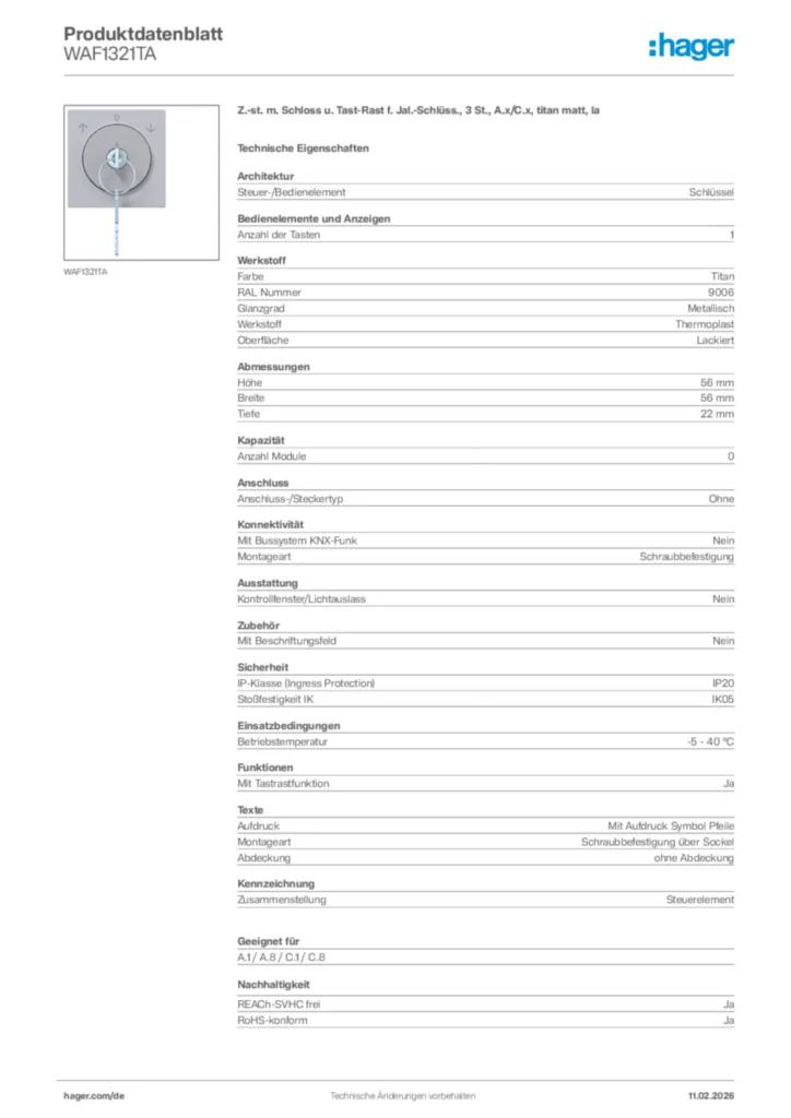 Bild Hager Produktdatenblatt WAF1321TA | Hager Deutschland