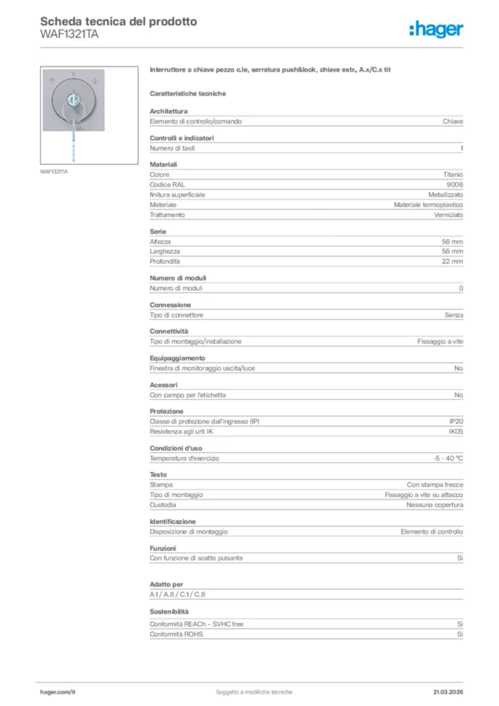 Immagine Hager Scheda tecnica del prodotto WAF1321TA | Hager Italia