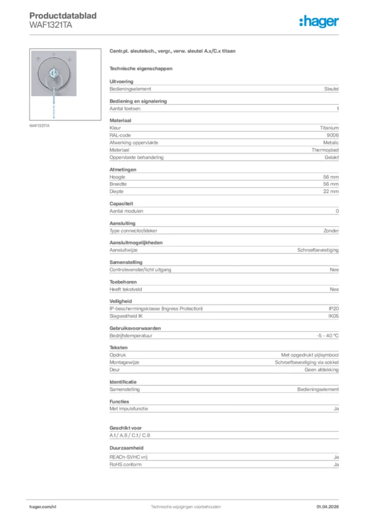 Afbeelding Hager Productdatablad WAF1321TA | Hager Nederland