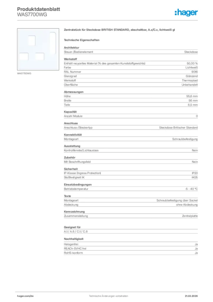 Bild Hager Produktdatenblatt WAS7700WG | Hager Deutschland