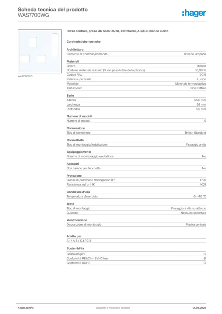 Immagine Hager Scheda tecnica del prodotto WAS7700WG | Hager Italia