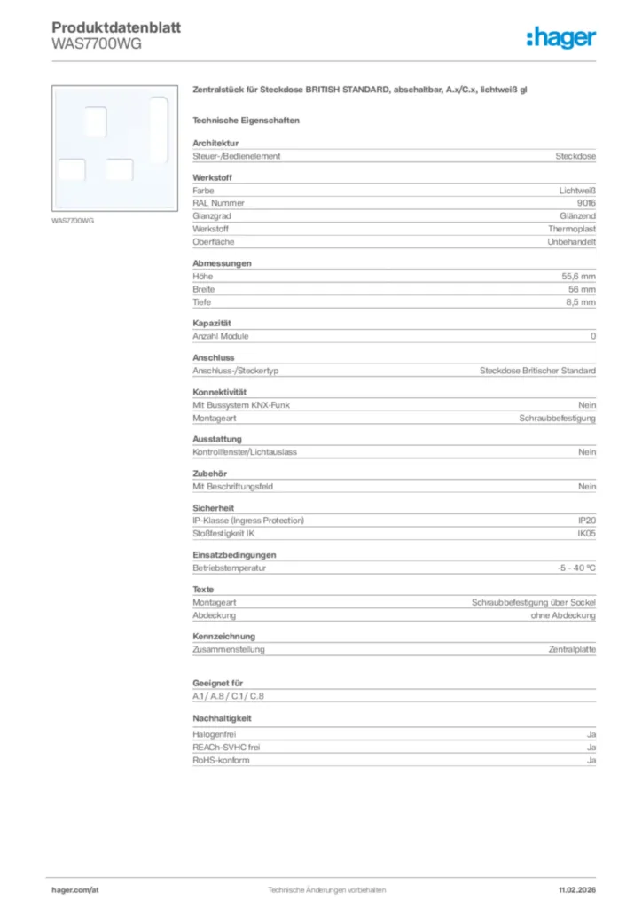 Bild Hager Produktdatenblatt WAS7700WG | Hager Deutschland