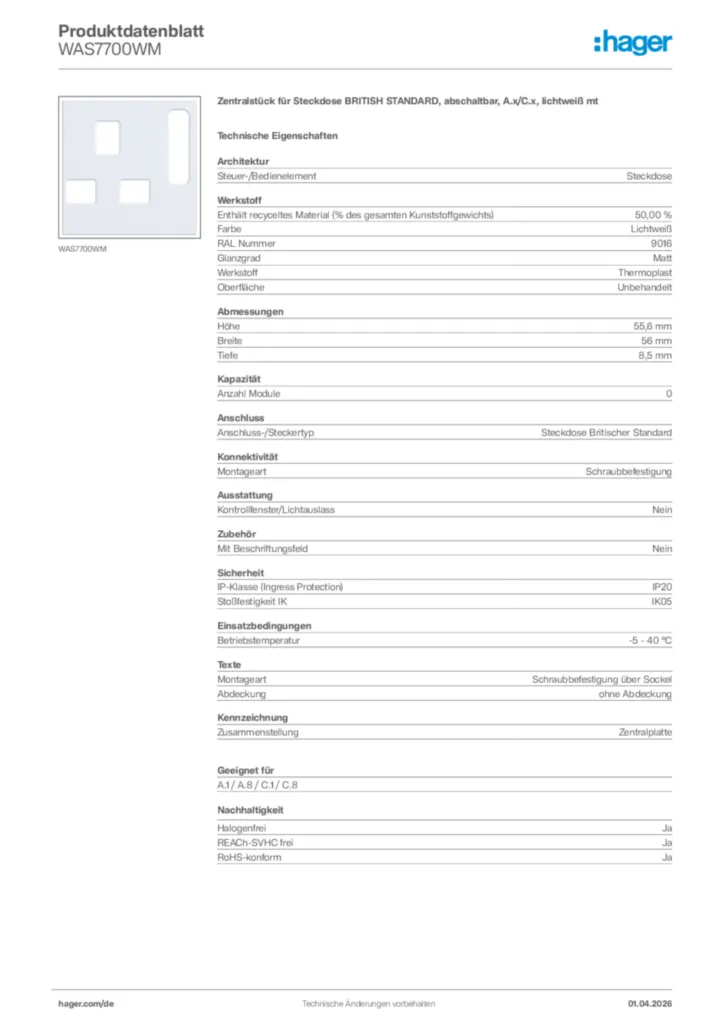 Bild Hager Produktdatenblatt WAS7700WM | Hager Deutschland