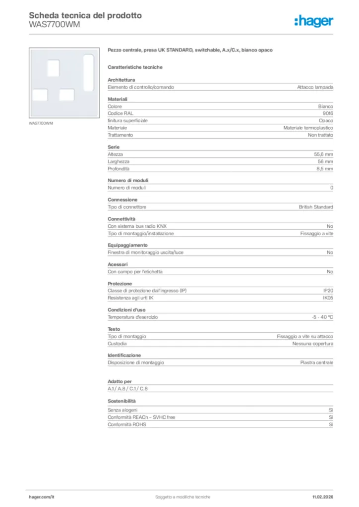 Immagine Hager Scheda tecnica del prodotto WAS7700WM | Hager Italia