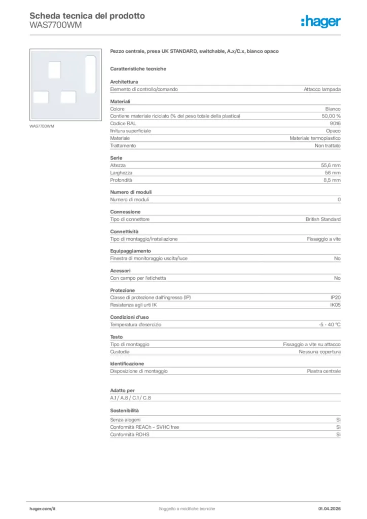 Immagine Hager Scheda tecnica del prodotto WAS7700WM | Hager Italia