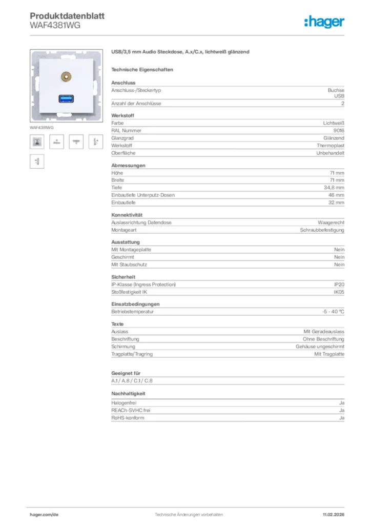 Bild Hager Produktdatenblatt WAF4381WG | Hager Deutschland