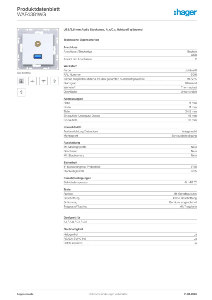 Bild Hager Produktdatenblatt WAF4381WG | Hager Deutschland