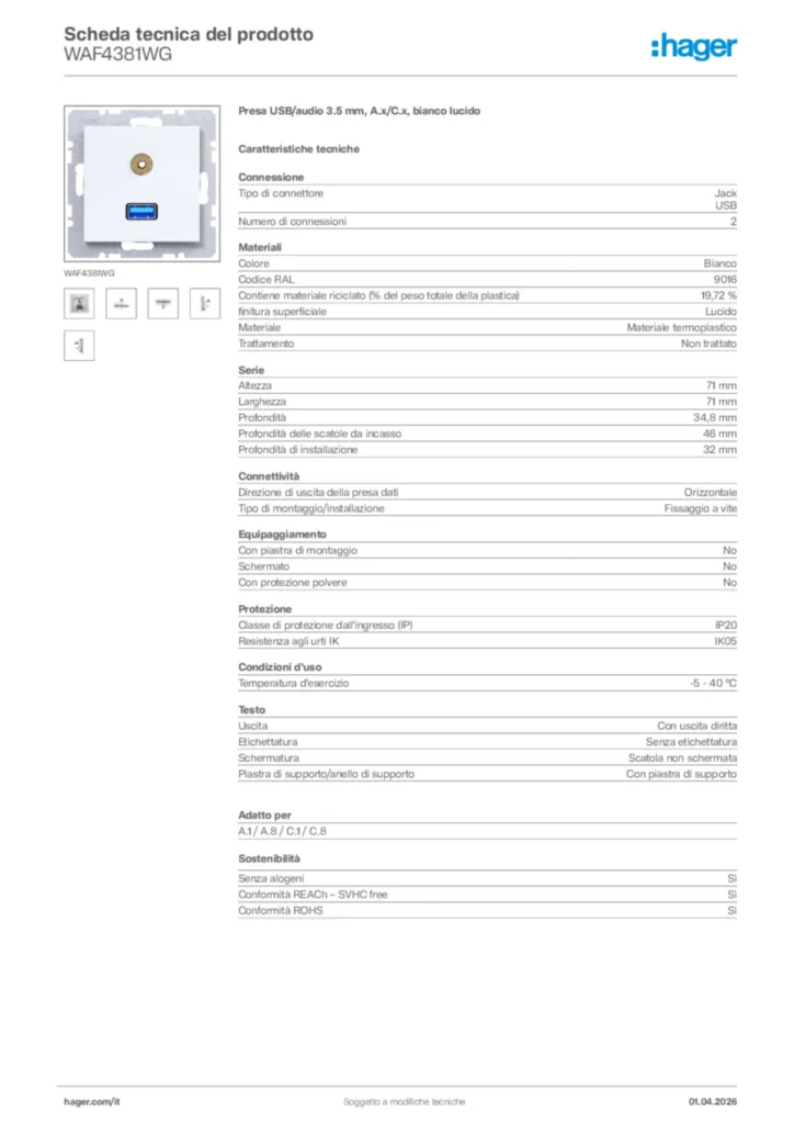 Immagine Hager Scheda tecnica del prodotto WAF4381WG | Hager Italia