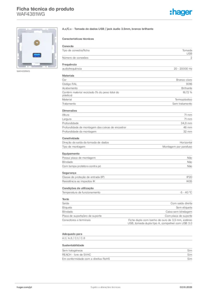 Imagem Hager Ficha técnica do produto WAF4381WG | Hager Portugal