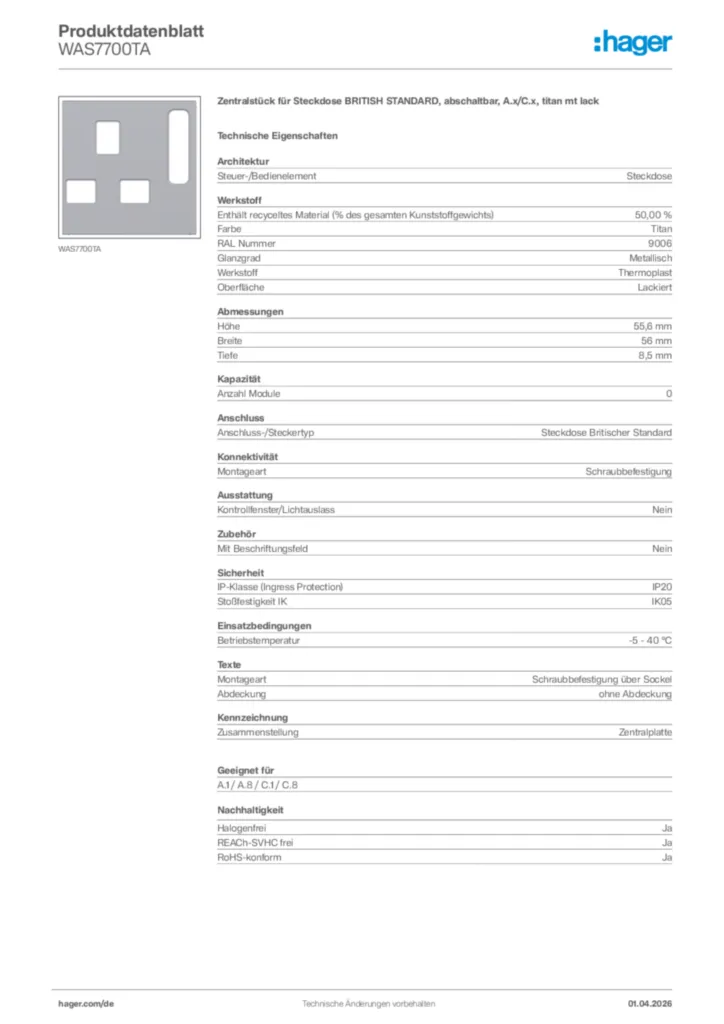 Bild Hager Produktdatenblatt WAS7700TA | Hager Deutschland