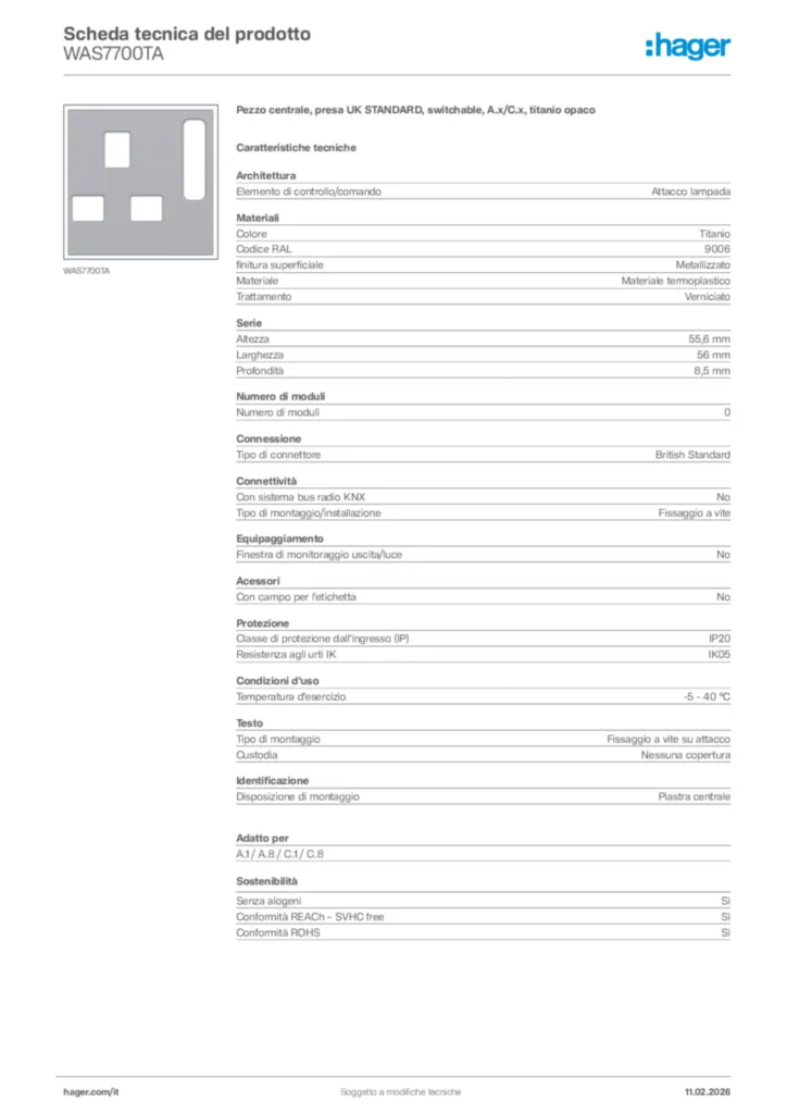 Immagine Hager Scheda tecnica del prodotto WAS7700TA | Hager Italia