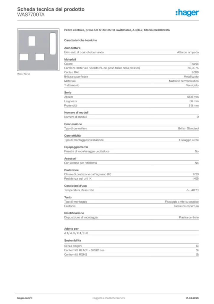 Immagine Hager Scheda tecnica del prodotto WAS7700TA | Hager Italia