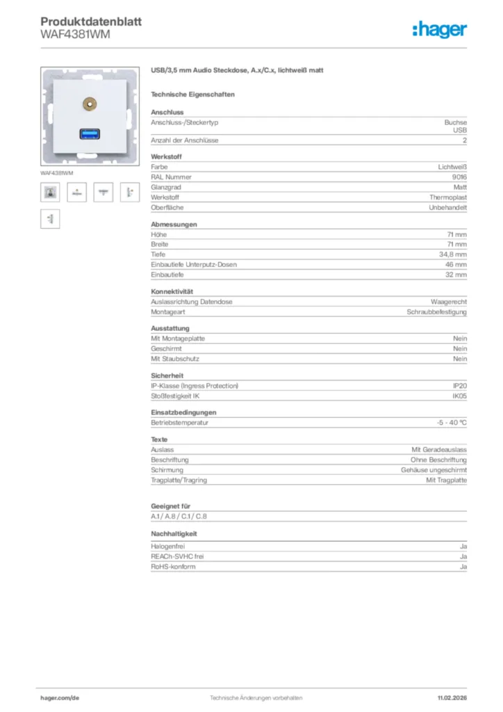 Bild Hager Produktdatenblatt WAF4381WM | Hager Deutschland