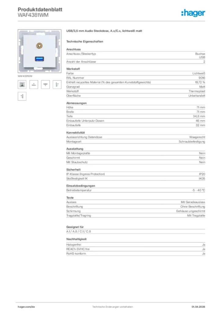 Bild Hager Produktdatenblatt WAF4381WM | Hager Deutschland