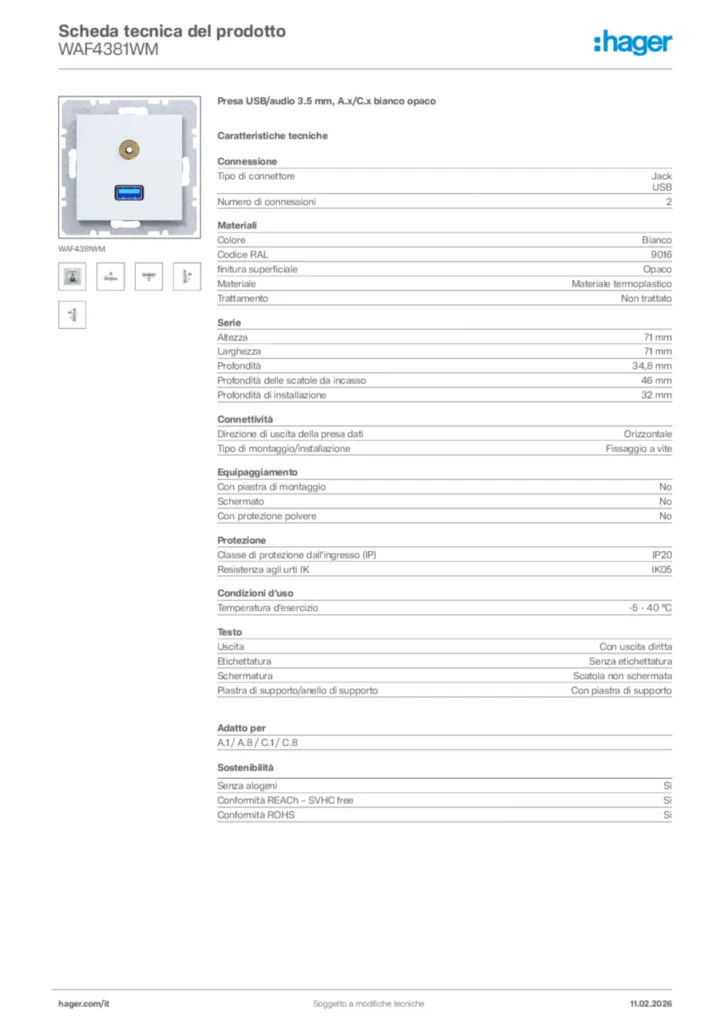 Immagine Hager Scheda tecnica del prodotto WAF4381WM | Hager Italia