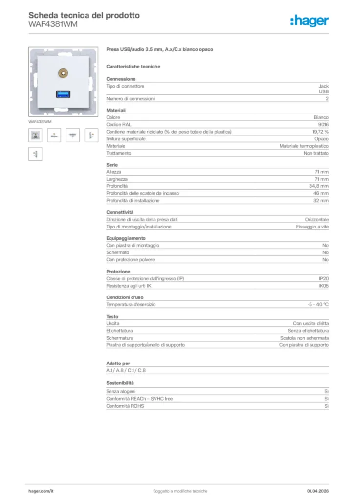 Immagine Hager Scheda tecnica del prodotto WAF4381WM | Hager Italia