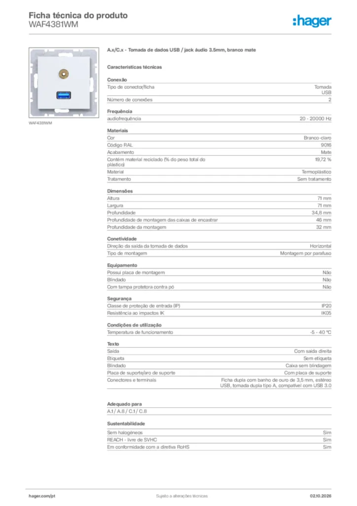 Imagem Hager Ficha técnica do produto WAF4381WM | Hager Portugal