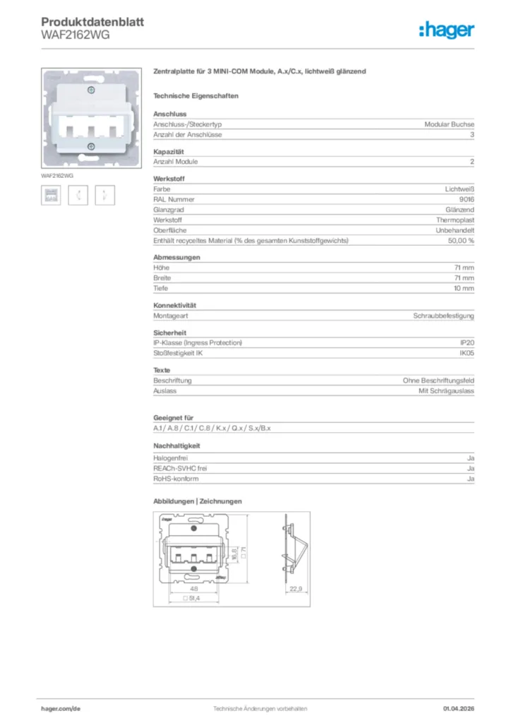 Bild Hager Produktdatenblatt WAF2162WG | Hager Deutschland