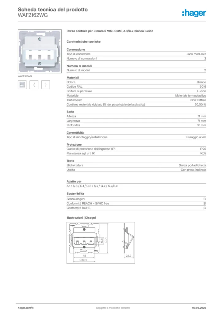 Immagine Hager Scheda tecnica del prodotto WAF2162WG | Hager Italia