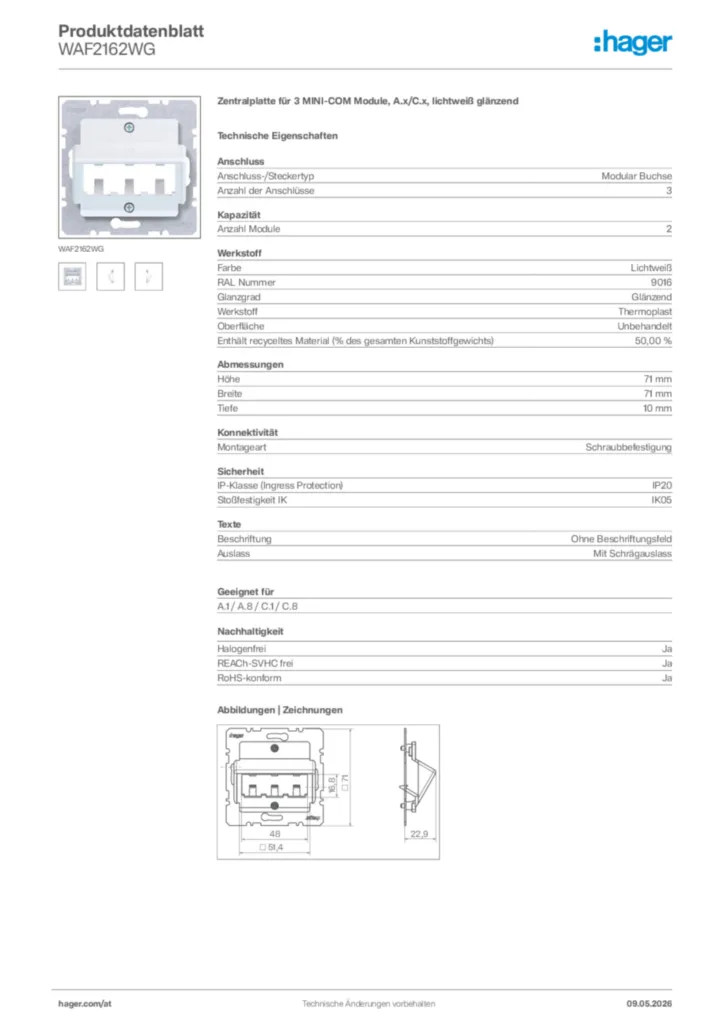 Bild Hager Produktdatenblatt WAF2162WG | Hager Deutschland